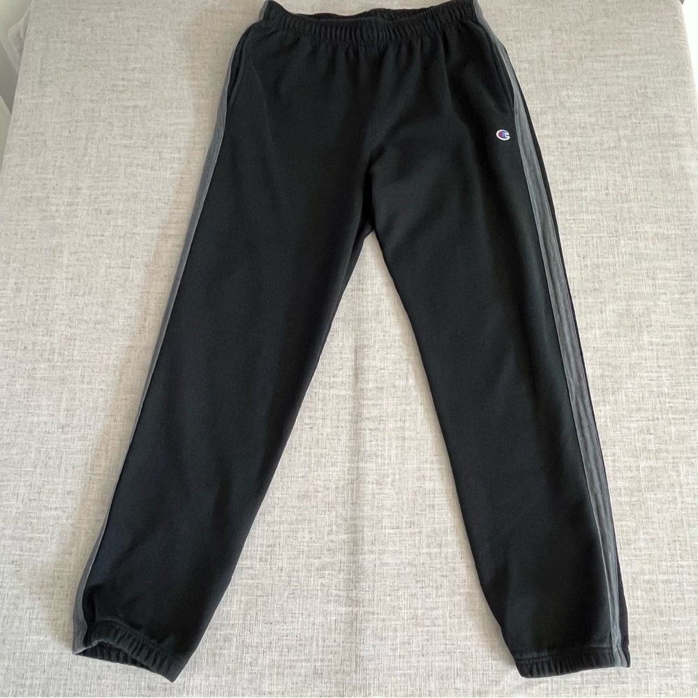 Champion Sweatpants Men’s XL Black Grey Side Stripes Elastic Waist Jogger Logo